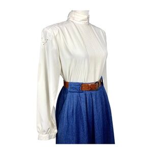 Vintage Blouse, Beige, Lace Embroidered Blouse, High Neck, Bracelet Sleeve, 80's